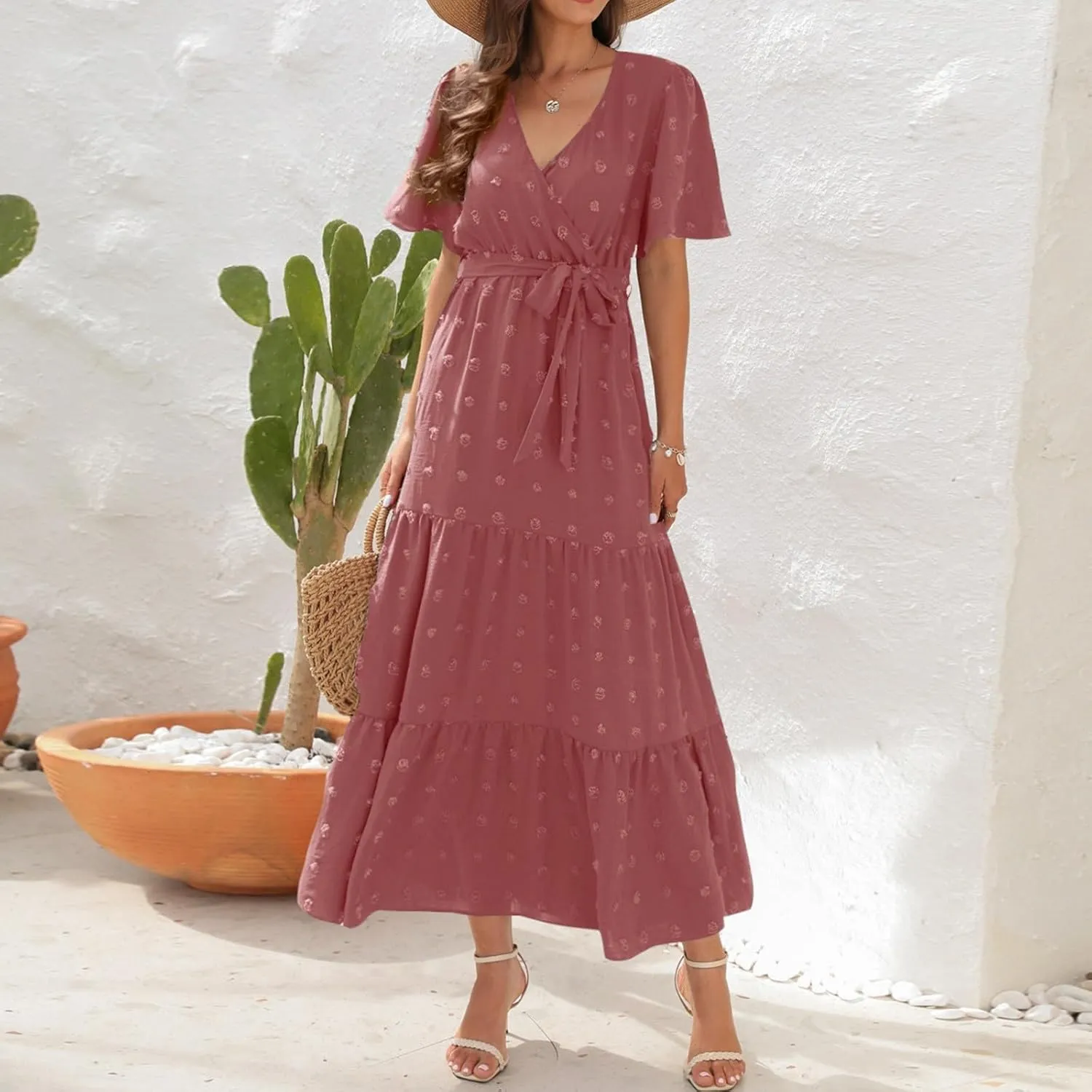 Womens Boho Swiss Dot Maxi Dresses Summer Wrap V Neck Flutter Short Sleeve Tie Belt A Line Tiered Flowy Long Dress