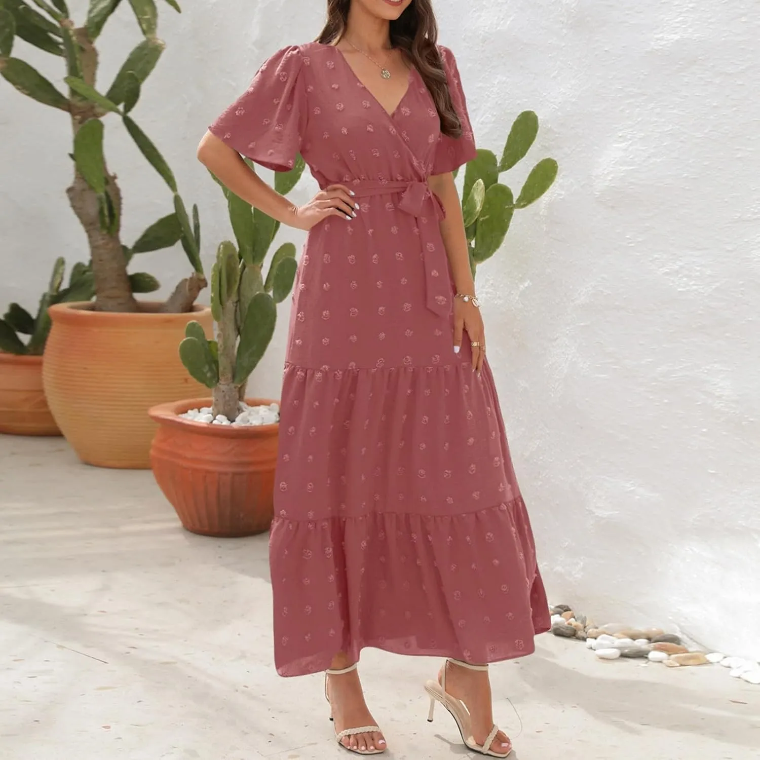 Womens Boho Swiss Dot Maxi Dresses Summer Wrap V Neck Flutter Short Sleeve Tie Belt A Line Tiered Flowy Long Dress