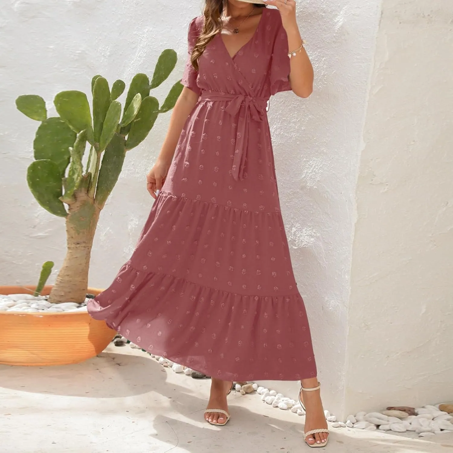 Womens Boho Swiss Dot Maxi Dresses Summer Wrap V Neck Flutter Short Sleeve Tie Belt A Line Tiered Flowy Long Dress