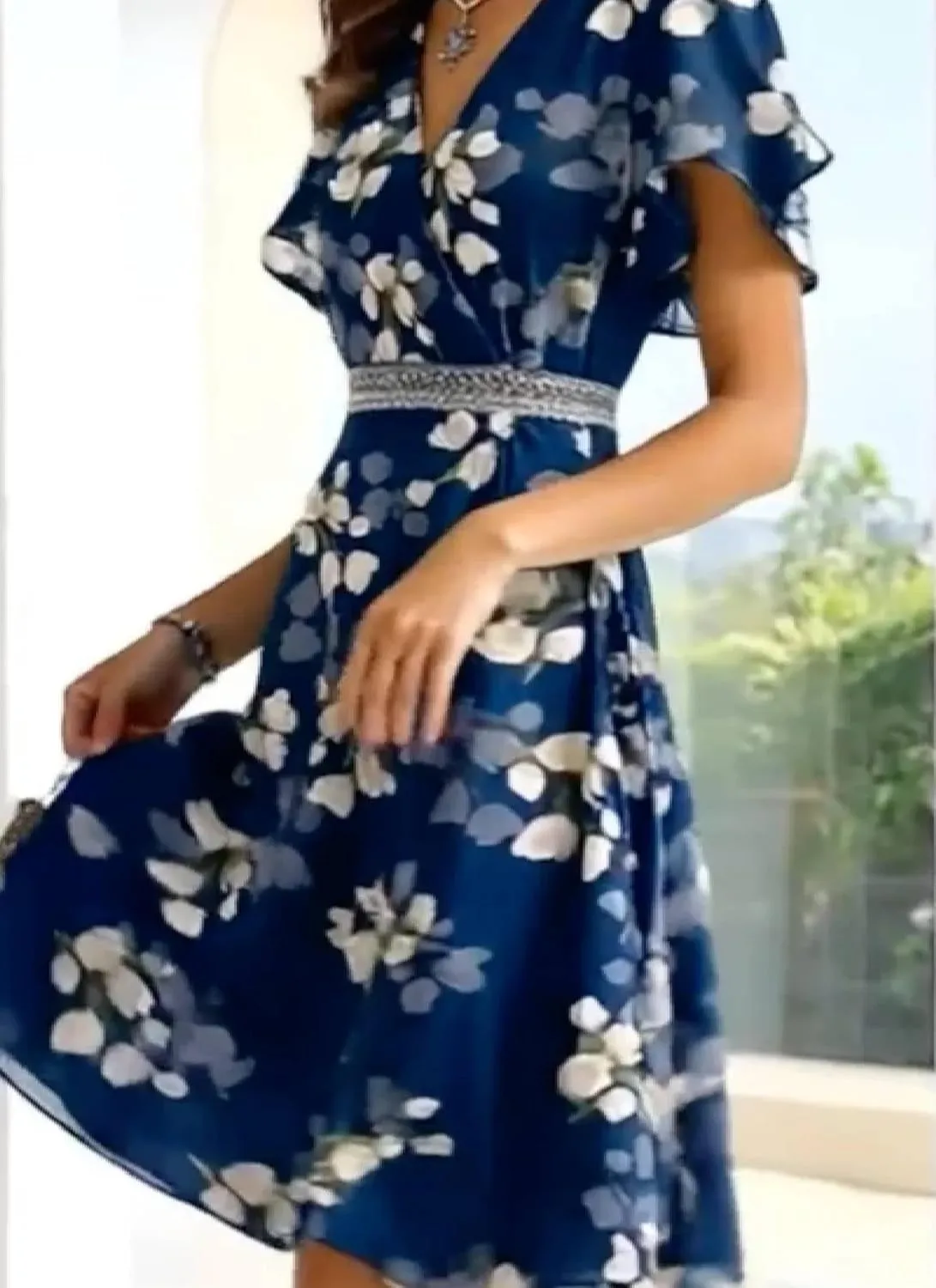 Women's Breezy Floral Mini Dress Ruffle Short Sleeve V-Neck Dresses Versatile A-Line Tunic Dress Beach Vacation Outfits