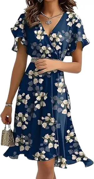 Women's Breezy Floral Mini Dress Ruffle Short Sleeve V-Neck Dresses Versatile A-Line Tunic Dress Beach Vacation Outfits