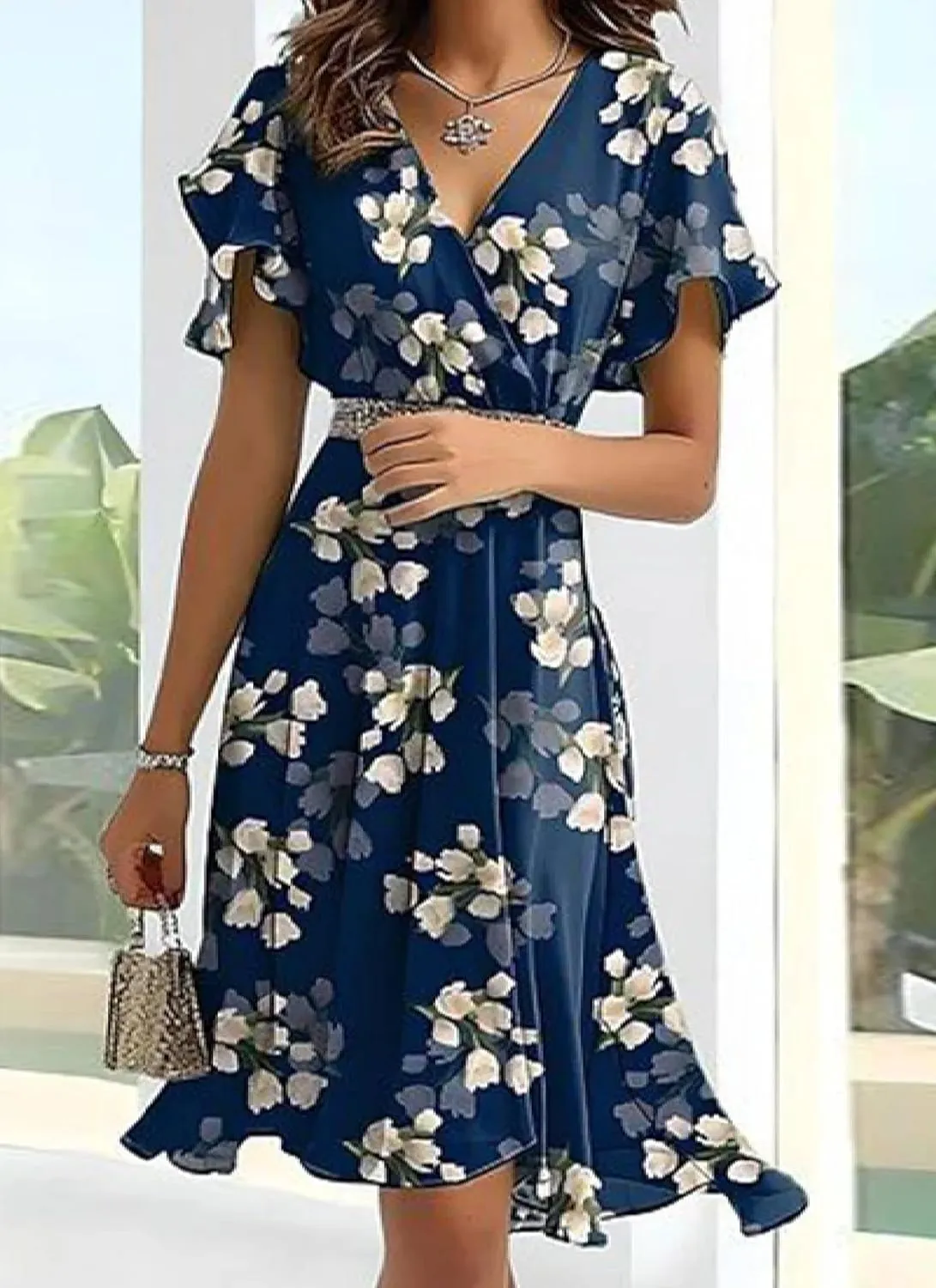 Women's Breezy Floral Mini Dress Ruffle Short Sleeve V-Neck Dresses Versatile A-Line Tunic Dress Beach Vacation Outfits