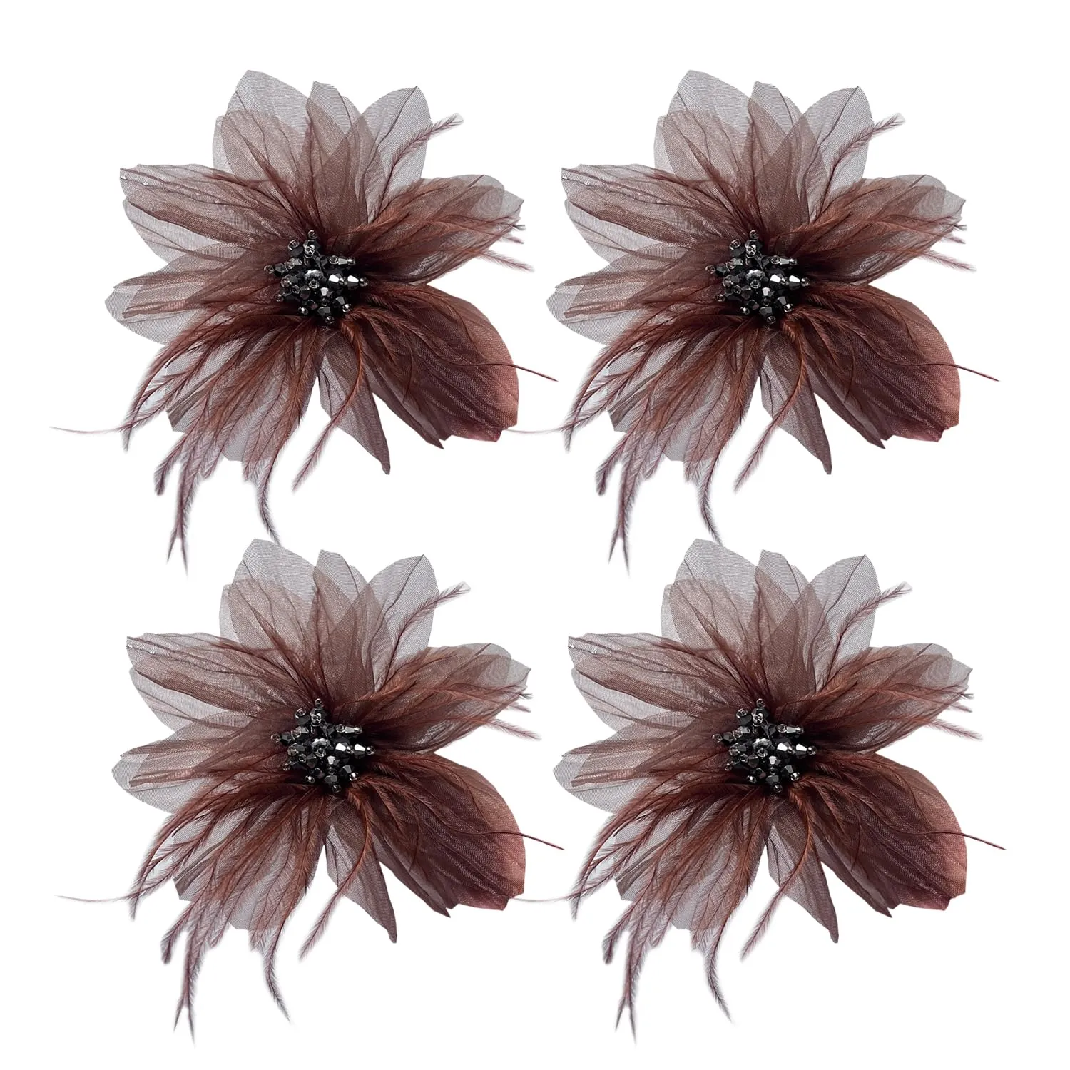 Women's Brooches 4pcs Organza Flower Feather Hair Clip Dancer Pin up Mexican Hair Flowers Clips Hairpin Brooch Tea Party Hats Headpieces Cotume Decor (coffee)