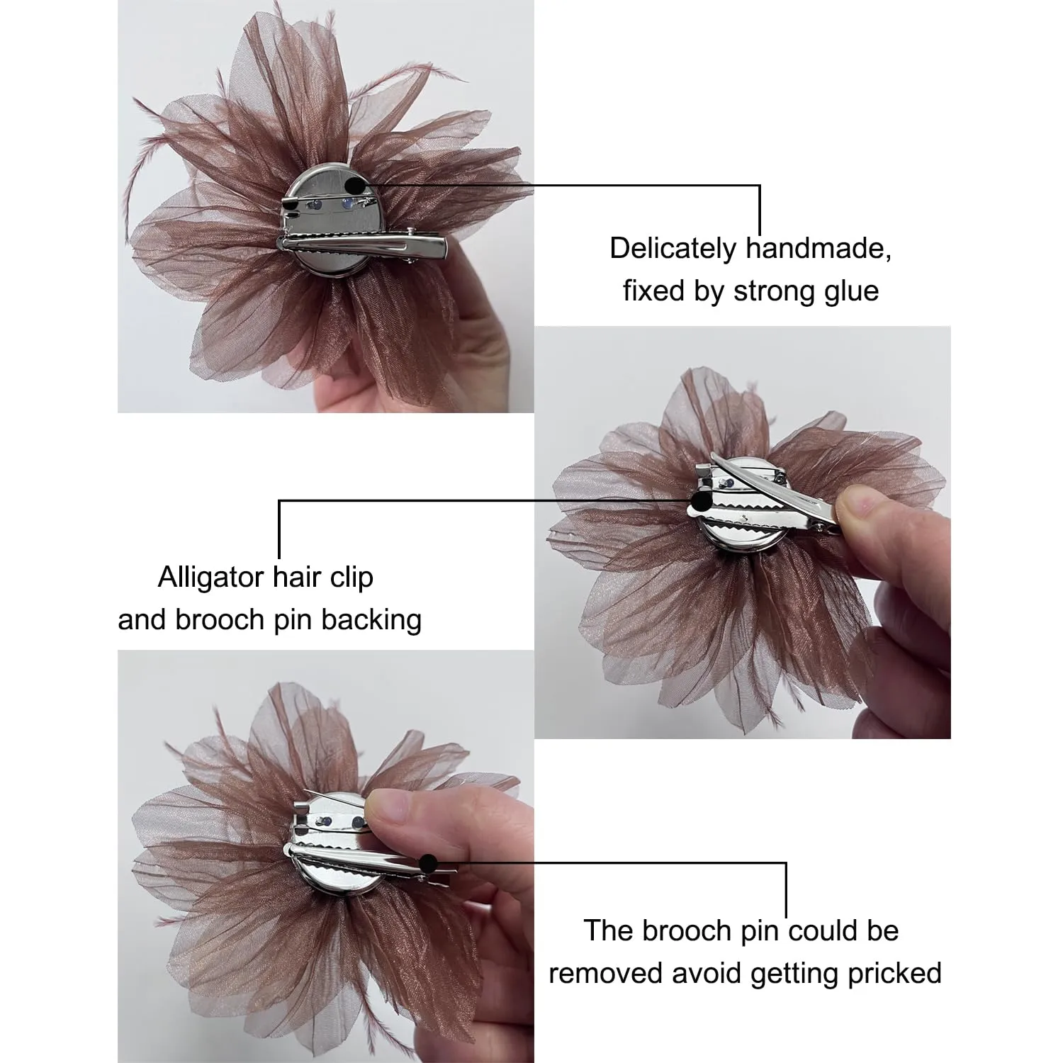 Women's Brooches 4pcs Organza Flower Feather Hair Clip Dancer Pin up Mexican Hair Flowers Clips Hairpin Brooch Tea Party Hats Headpieces Cotume Decor (coffee)