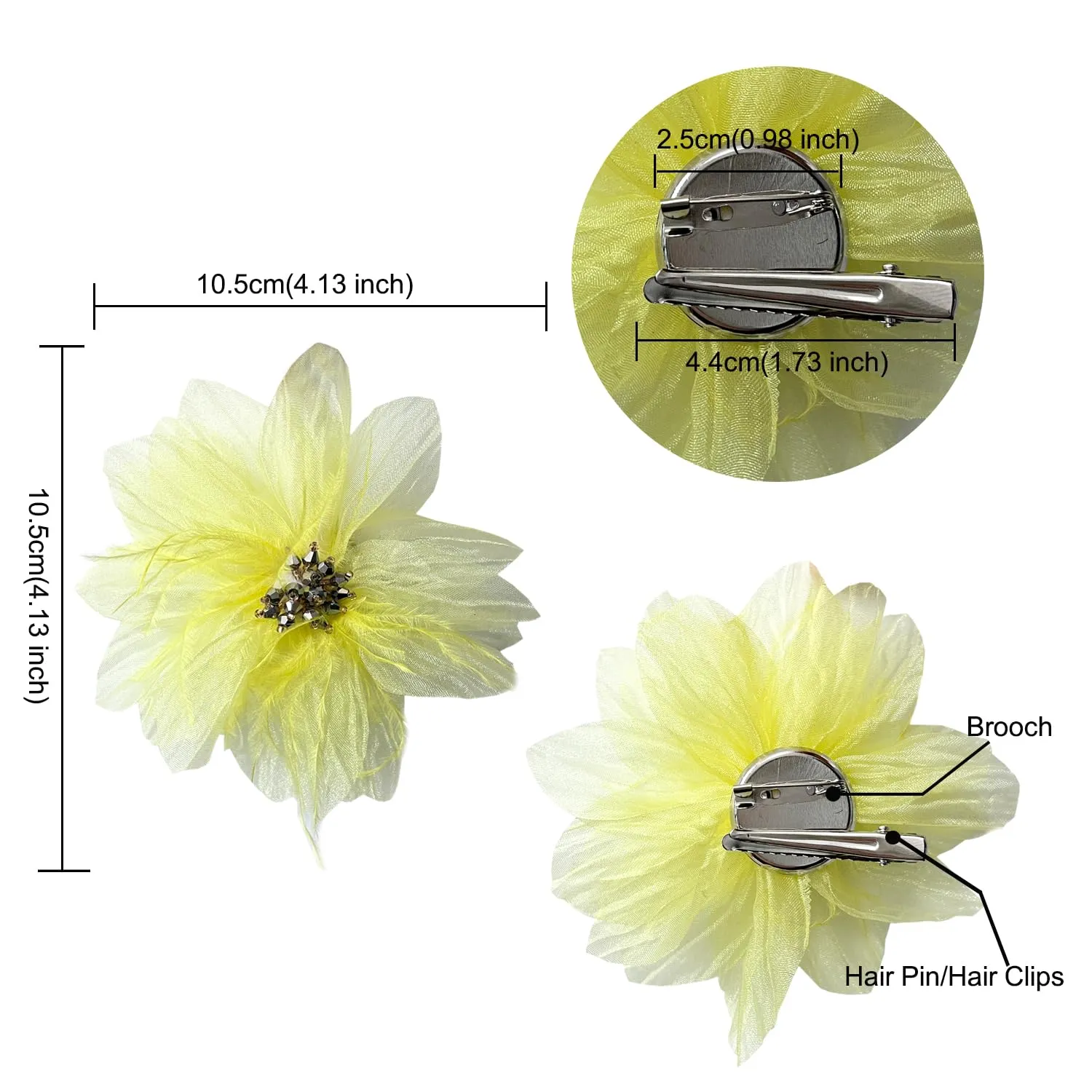 Women's Brooches 4pcs Organza Flower Feather Hair Clip Dancer Pin up Mexican Hair Flowers Clips Hairpin Brooch Tea Party Hats Headpieces Cotume Decor (yellow)
