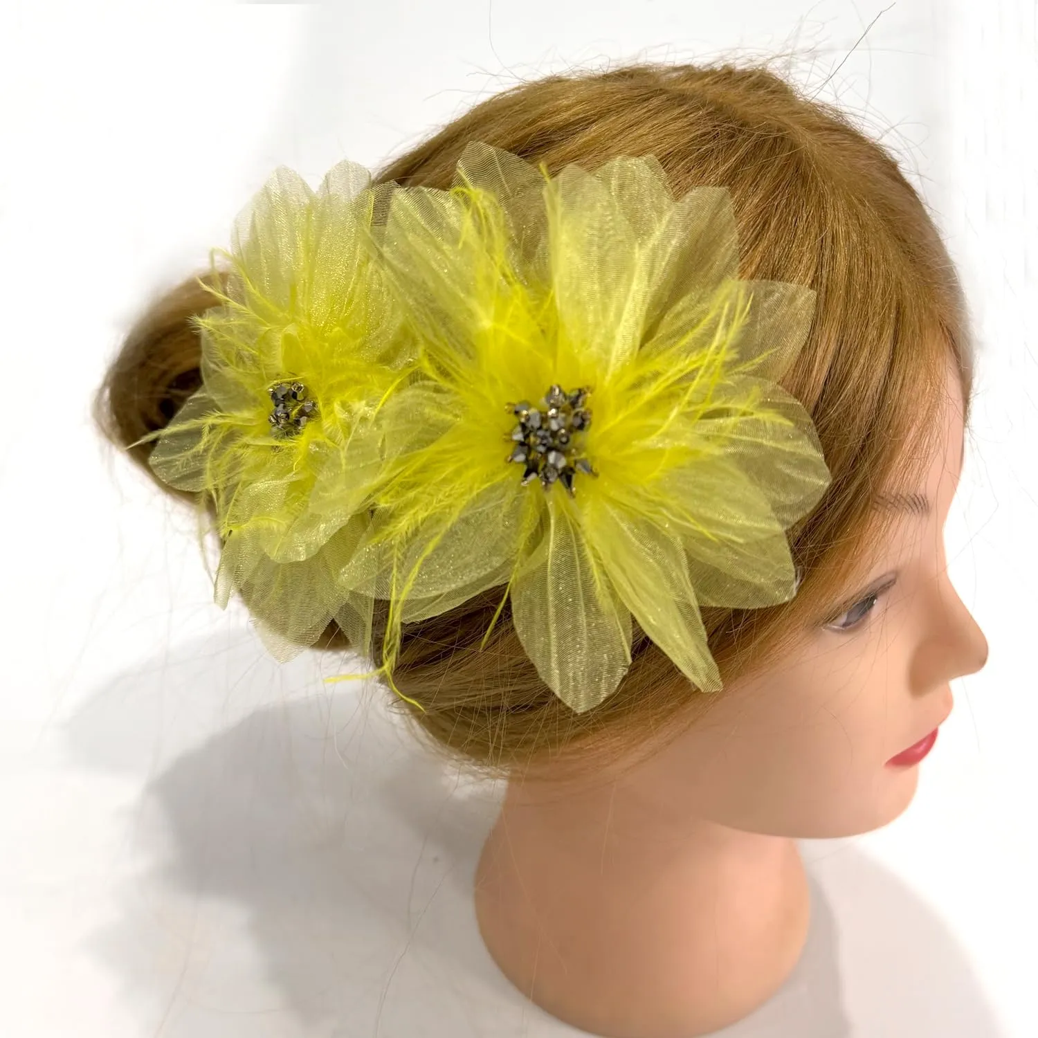 Women's Brooches 4pcs Organza Flower Feather Hair Clip Dancer Pin up Mexican Hair Flowers Clips Hairpin Brooch Tea Party Hats Headpieces Cotume Decor (yellow)