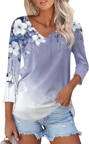 Womens Casual 3/4 Sleeve T-Shirts Sexy V Neck Loose Fit Tunic Tops Cute Basic Tees Blouses Pullover Tops