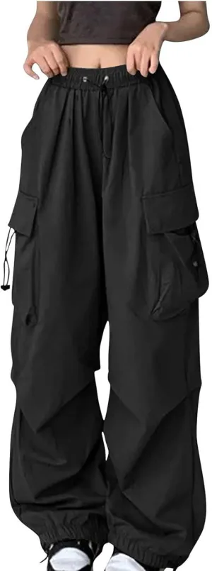 Women's Casual Cargo Pants High Waist Adjustable Straight Relaxed Fit Baggy Parachute Hiking Trousers with Pockets