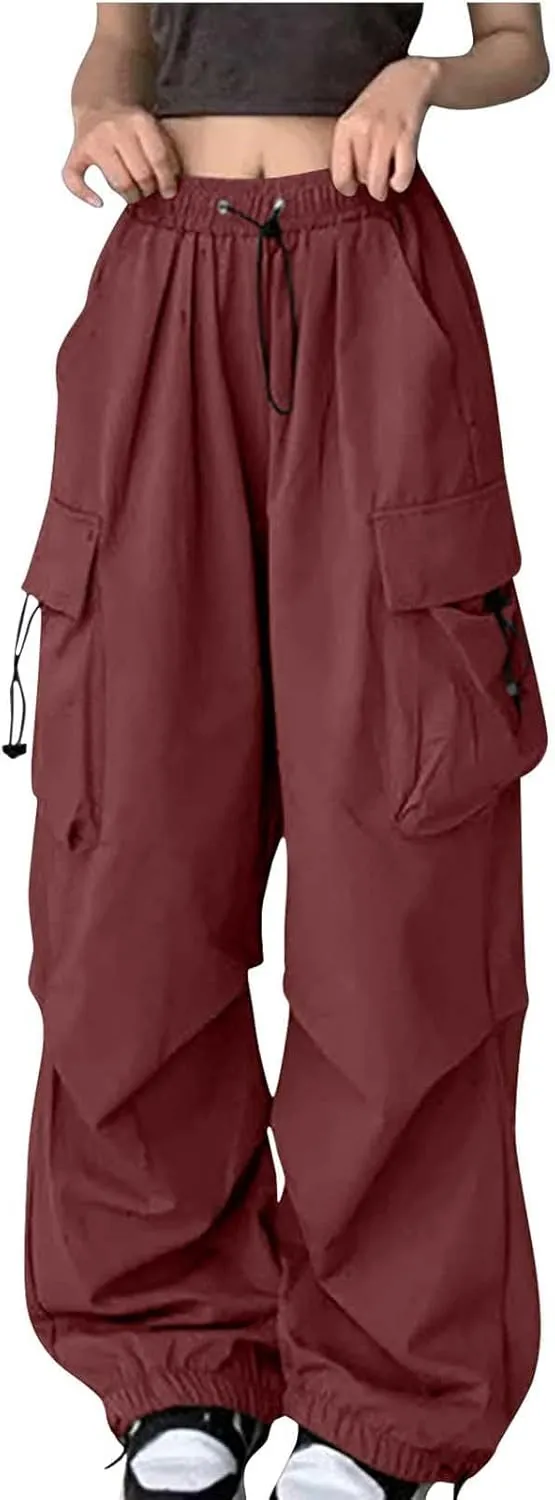 Women's Casual Cargo Pants High Waist Adjustable Straight Relaxed Fit Baggy Parachute Hiking Trousers with Pockets