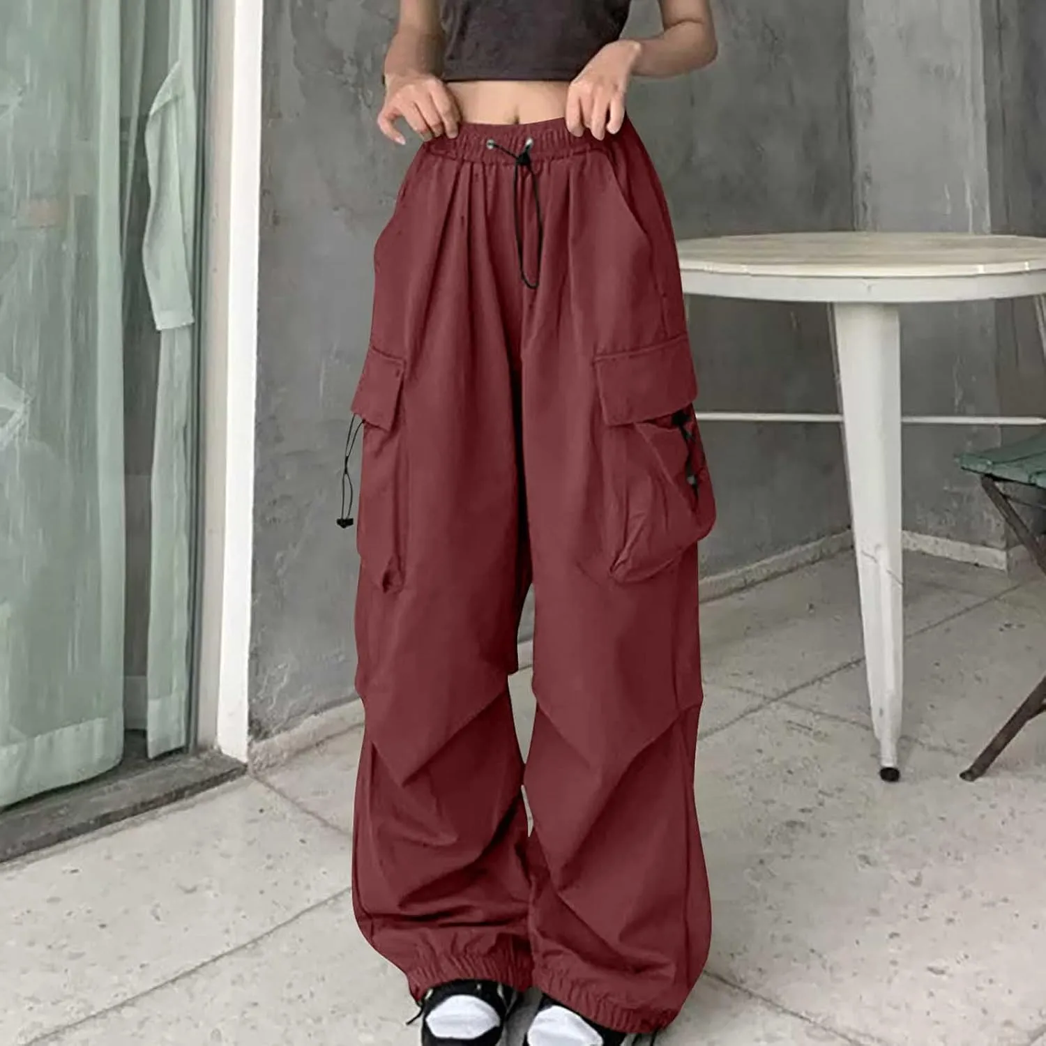 Women's Casual Cargo Pants High Waist Adjustable Straight Relaxed Fit Baggy Parachute Hiking Trousers with Pockets