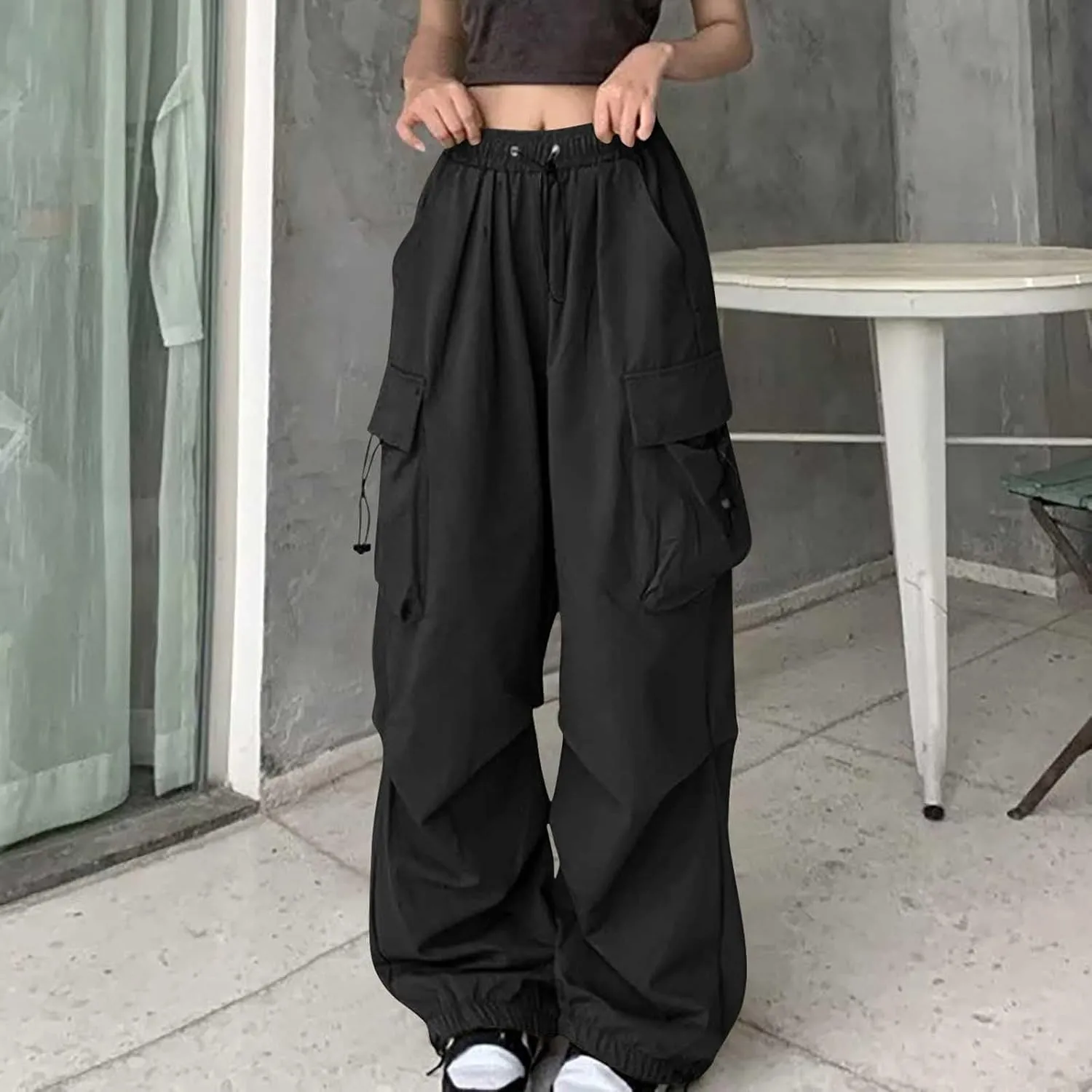 Women's Casual Cargo Pants High Waist Adjustable Straight Relaxed Fit Baggy Parachute Hiking Trousers with Pockets