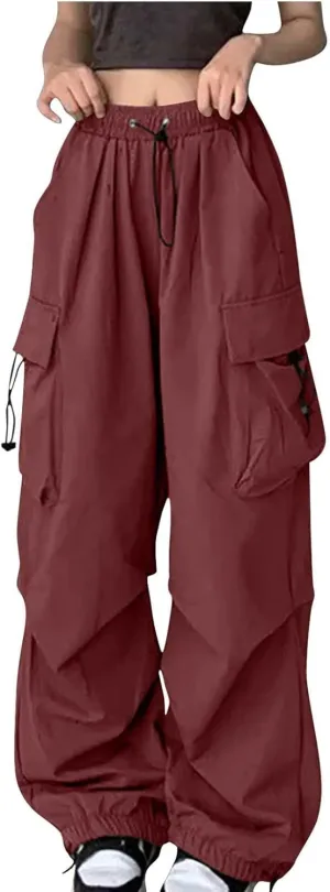 Women's Casual Cargo Pants High Waist Adjustable Straight Relaxed Fit Baggy Parachute Hiking Trousers with Pockets