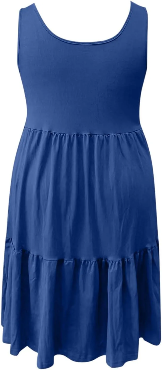 Womens Casual Dresses,2025 Summer Sleveless U Neck Mini Desses Flowy Smocked Hem Short Sundress Tank Plus Size Dress