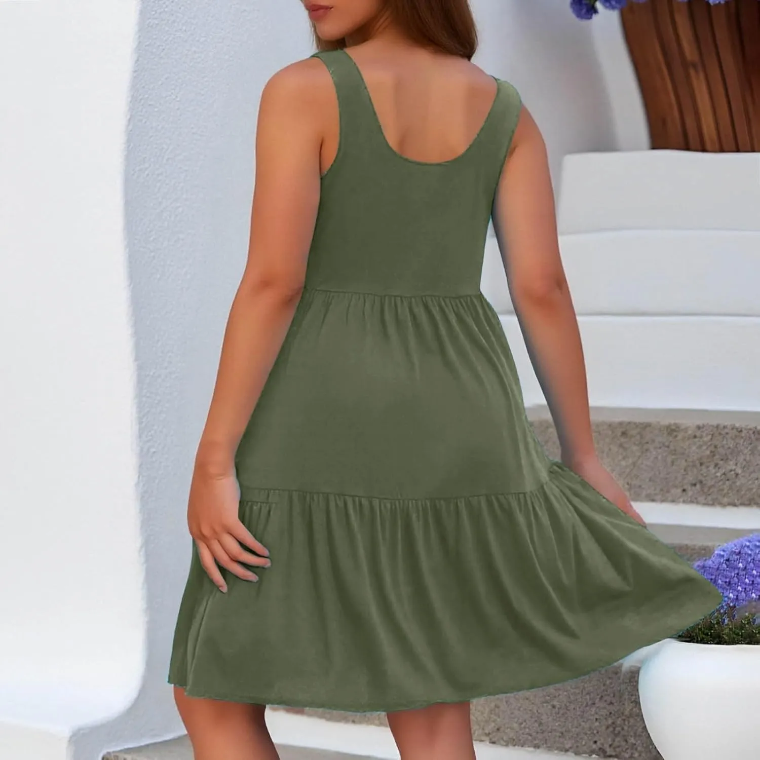 Womens Casual Dresses,2025 Summer Sleveless U Neck Mini Desses Flowy Smocked Hem Short Sundress Tank Plus Size Dress