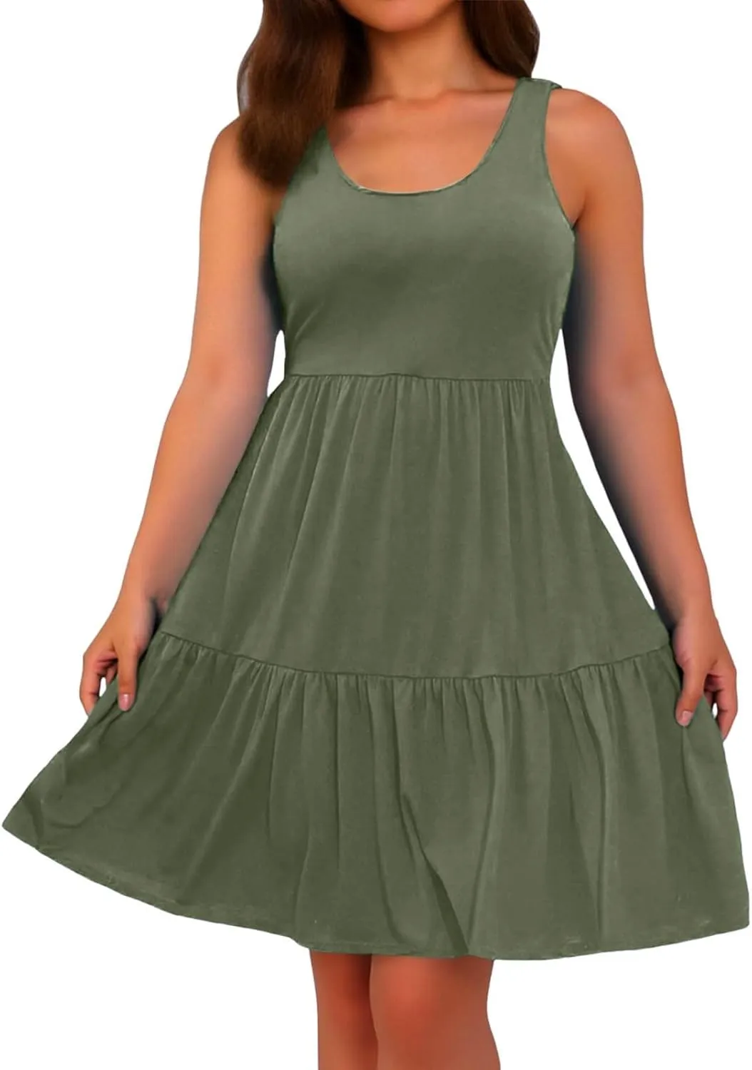 Womens Casual Dresses,2025 Summer Sleveless U Neck Mini Desses Flowy Smocked Hem Short Sundress Tank Plus Size Dress