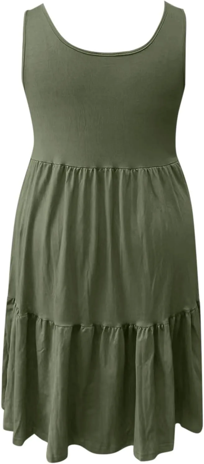 Womens Casual Dresses,2025 Summer Sleveless U Neck Mini Desses Flowy Smocked Hem Short Sundress Tank Plus Size Dress