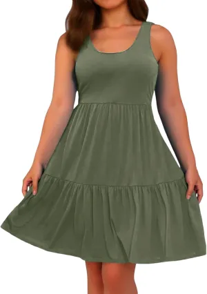 Womens Casual Dresses,2025 Summer Sleveless U Neck Mini Desses Flowy Smocked Hem Short Sundress Tank Plus Size Dress