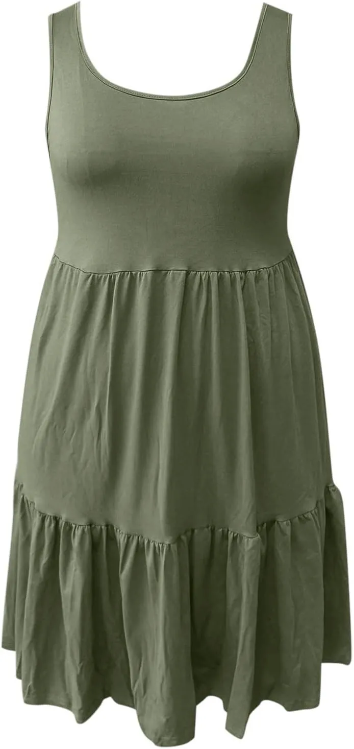 Womens Casual Dresses,2025 Summer Sleveless U Neck Mini Desses Flowy Smocked Hem Short Sundress Tank Plus Size Dress