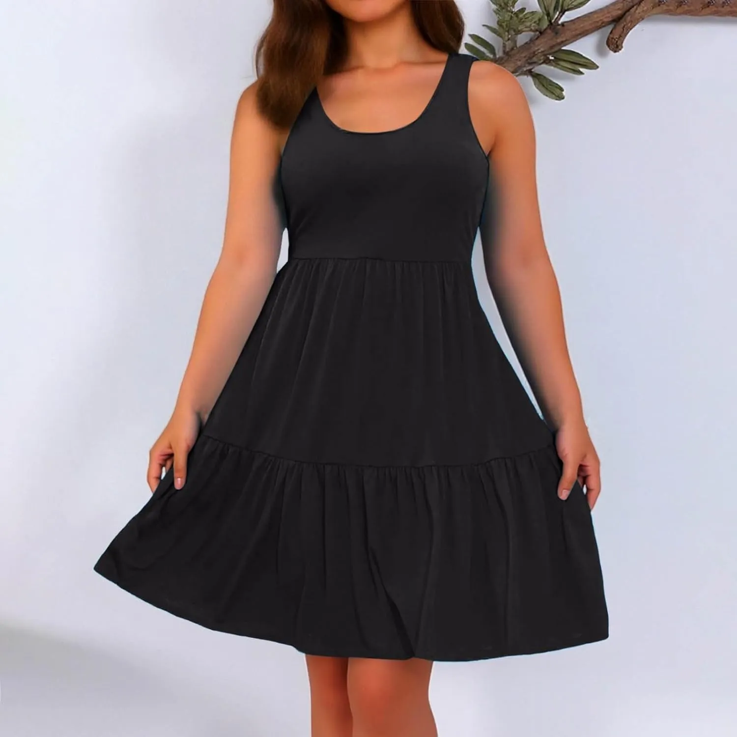 Womens Casual Dresses,2025 Summer Sleveless U Neck Mini Desses Flowy Smocked Hem Short Sundress Tank Plus Size Dress