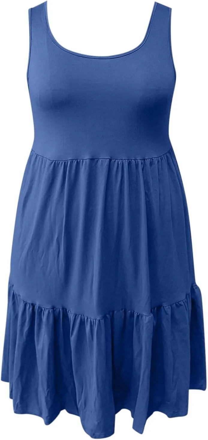 Womens Casual Dresses,2025 Summer Sleveless U Neck Mini Desses Flowy Smocked Hem Short Sundress Tank Plus Size Dress