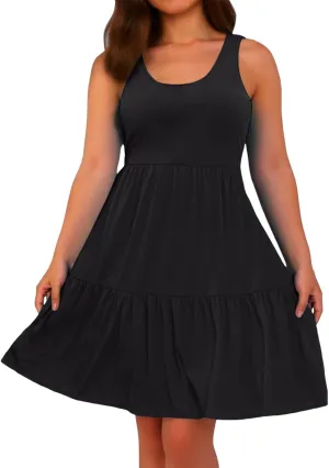 Womens Casual Dresses,2025 Summer Sleveless U Neck Mini Desses Flowy Smocked Hem Short Sundress Tank Plus Size Dress