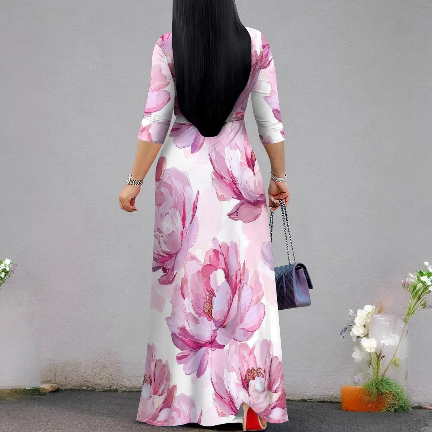 Women's Casual Floral Maxi Dresses V Neck 3/4 Sleeve Tie Waist Dress Summer Dresses for Women 2025
