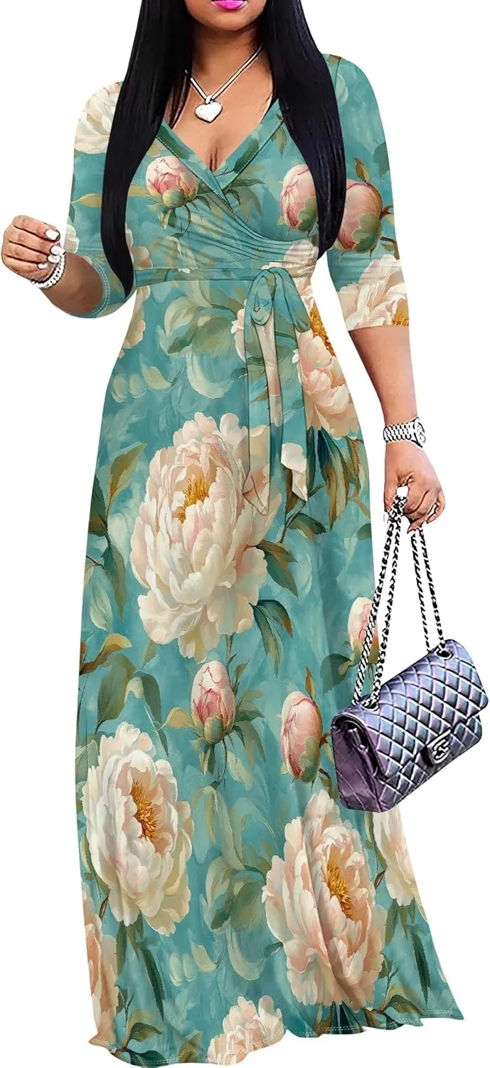 Women's Casual Floral Maxi Dresses V Neck 3/4 Sleeve Tie Waist Dress Summer Dresses for Women 2025