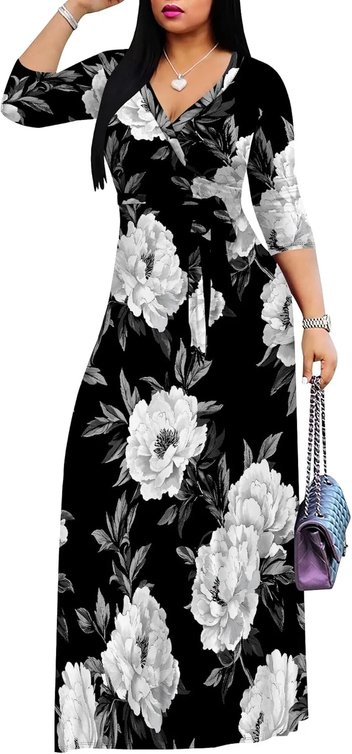 Women's Casual Floral Maxi Dresses V Neck 3/4 Sleeve Tie Waist Dress Summer Dresses for Women 2025