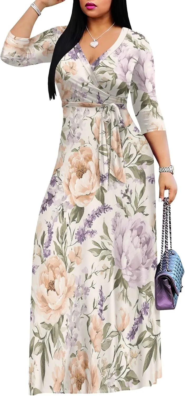 Women's Casual Floral Maxi Dresses V Neck 3/4 Sleeve Tie Waist Dress Summer Dresses for Women 2025