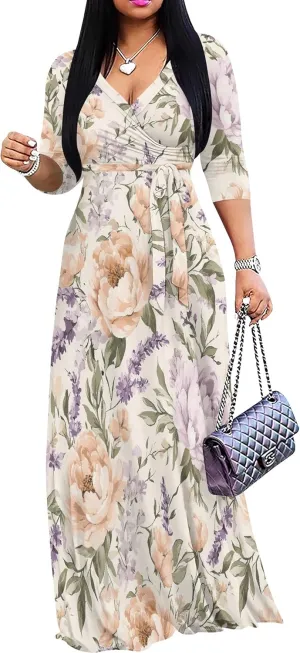 Women's Casual Floral Maxi Dresses V Neck 3/4 Sleeve Tie Waist Dress Summer Dresses for Women 2025