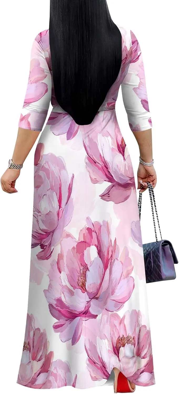 Women's Casual Floral Maxi Dresses V Neck 3/4 Sleeve Tie Waist Dress Summer Dresses for Women 2025