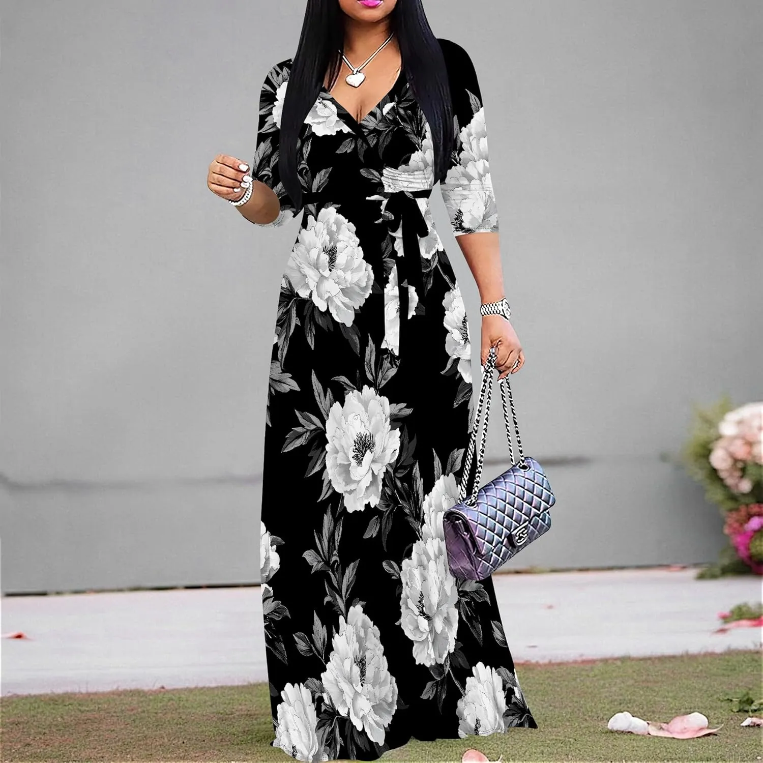Women's Casual Floral Maxi Dresses V Neck 3/4 Sleeve Tie Waist Dress Summer Dresses for Women 2025