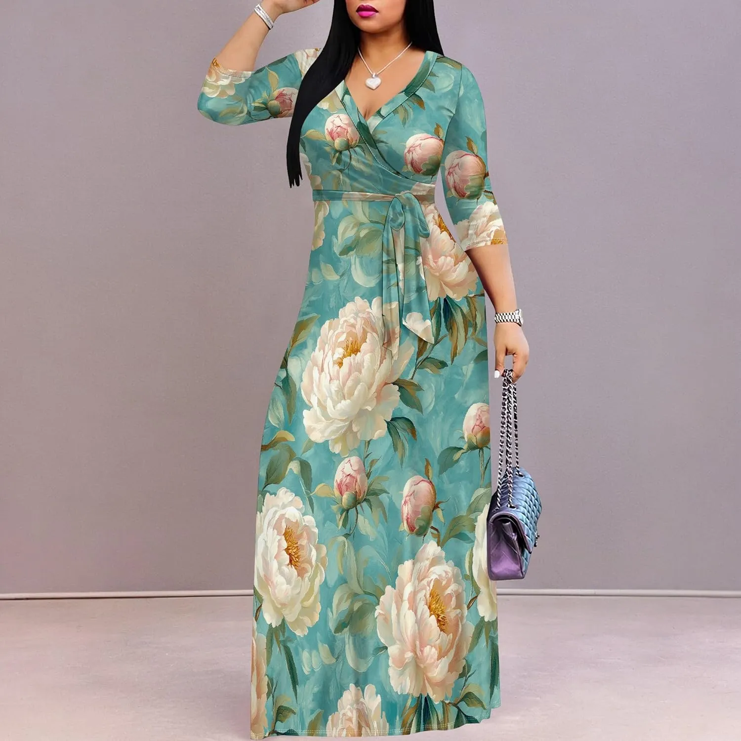 Women's Casual Floral Maxi Dresses V Neck 3/4 Sleeve Tie Waist Dress Summer Dresses for Women 2025