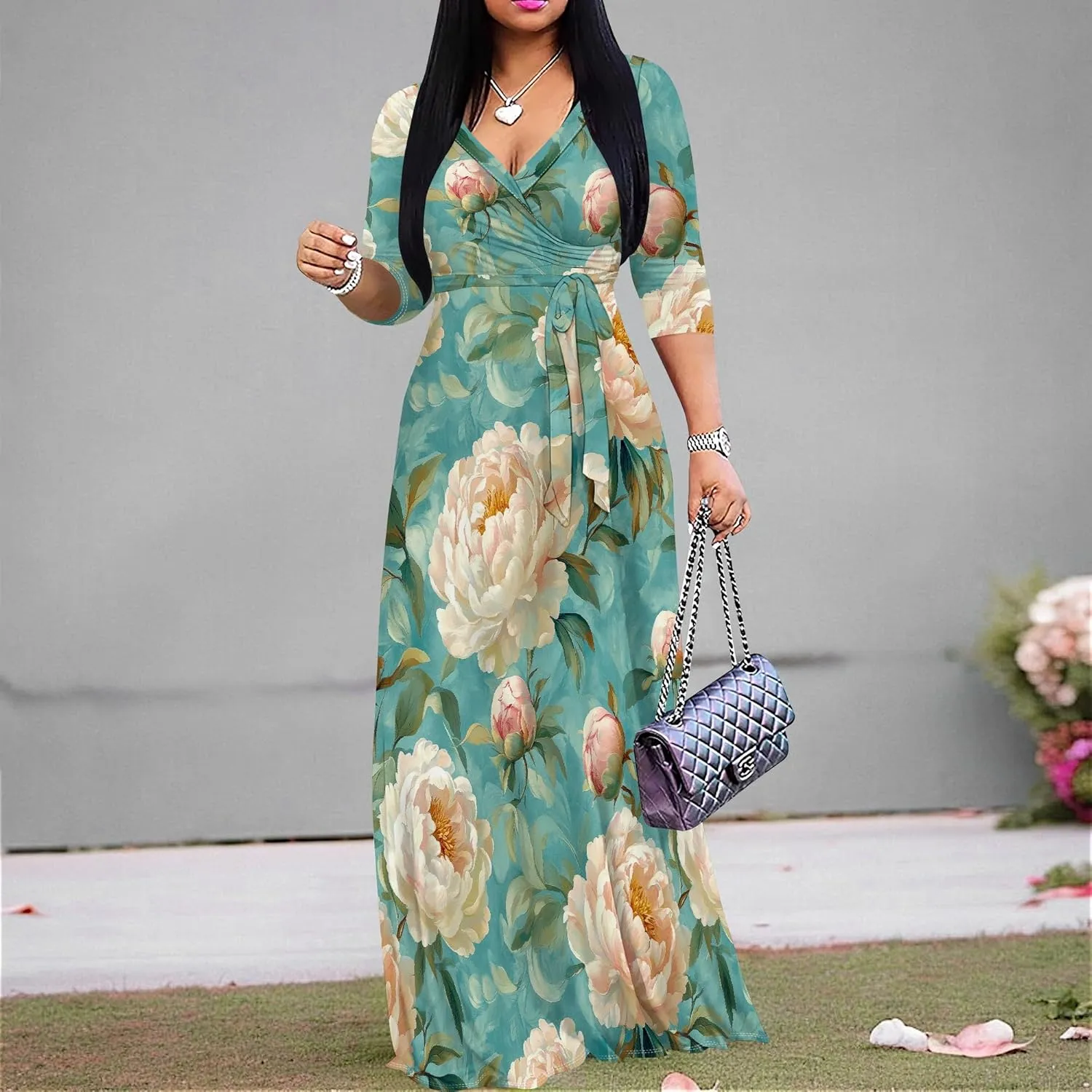 Women's Casual Floral Maxi Dresses V Neck 3/4 Sleeve Tie Waist Dress Summer Dresses for Women 2025