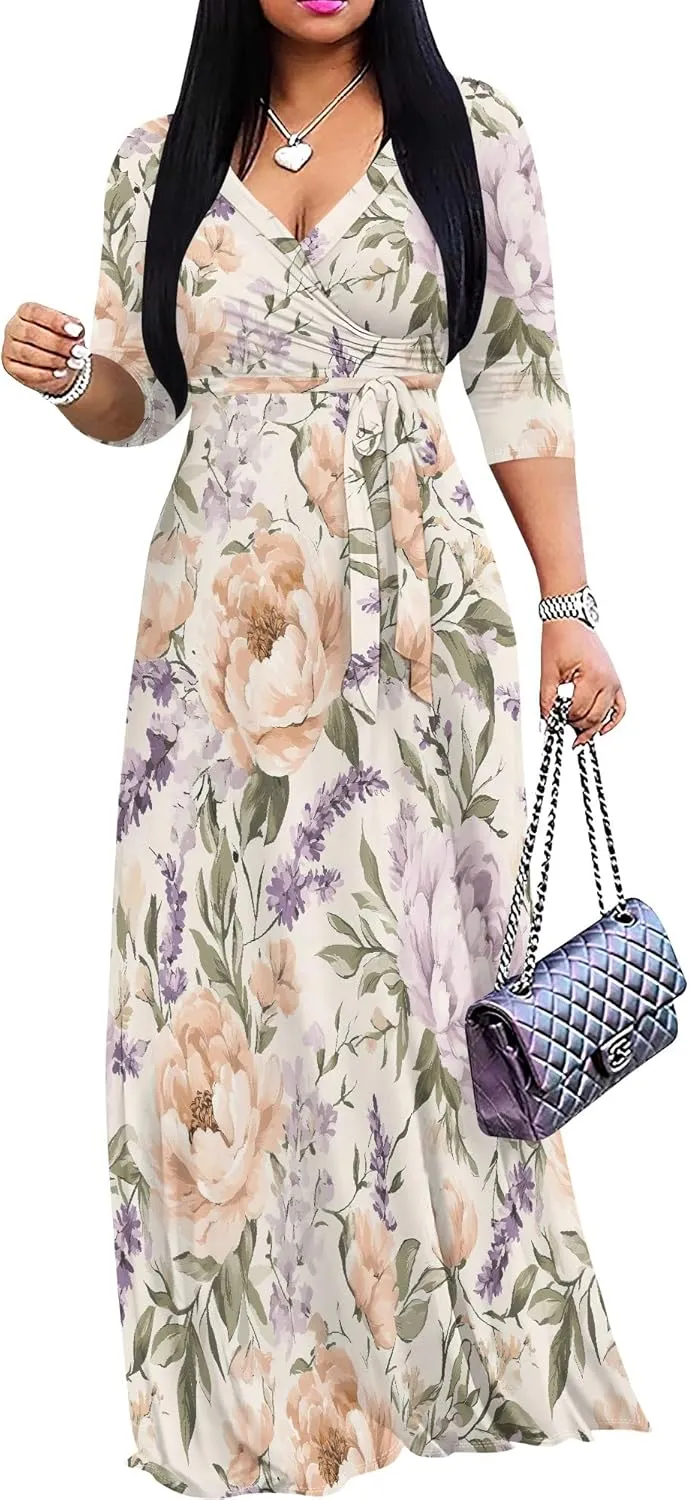 Women's Casual Floral Maxi Dresses V Neck 3/4 Sleeve Tie Waist Dress Summer Dresses for Women 2025