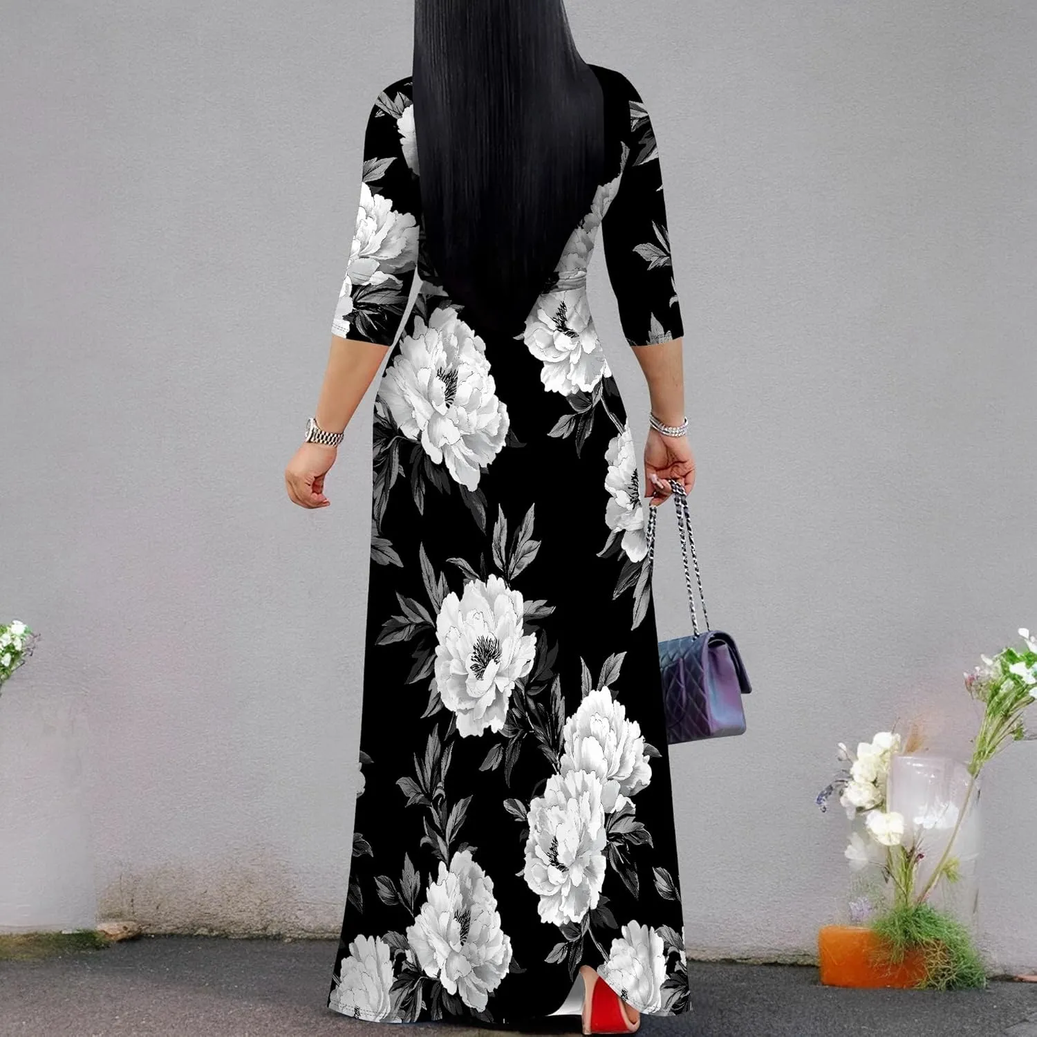 Women's Casual Floral Maxi Dresses V Neck 3/4 Sleeve Tie Waist Dress Summer Dresses for Women 2025