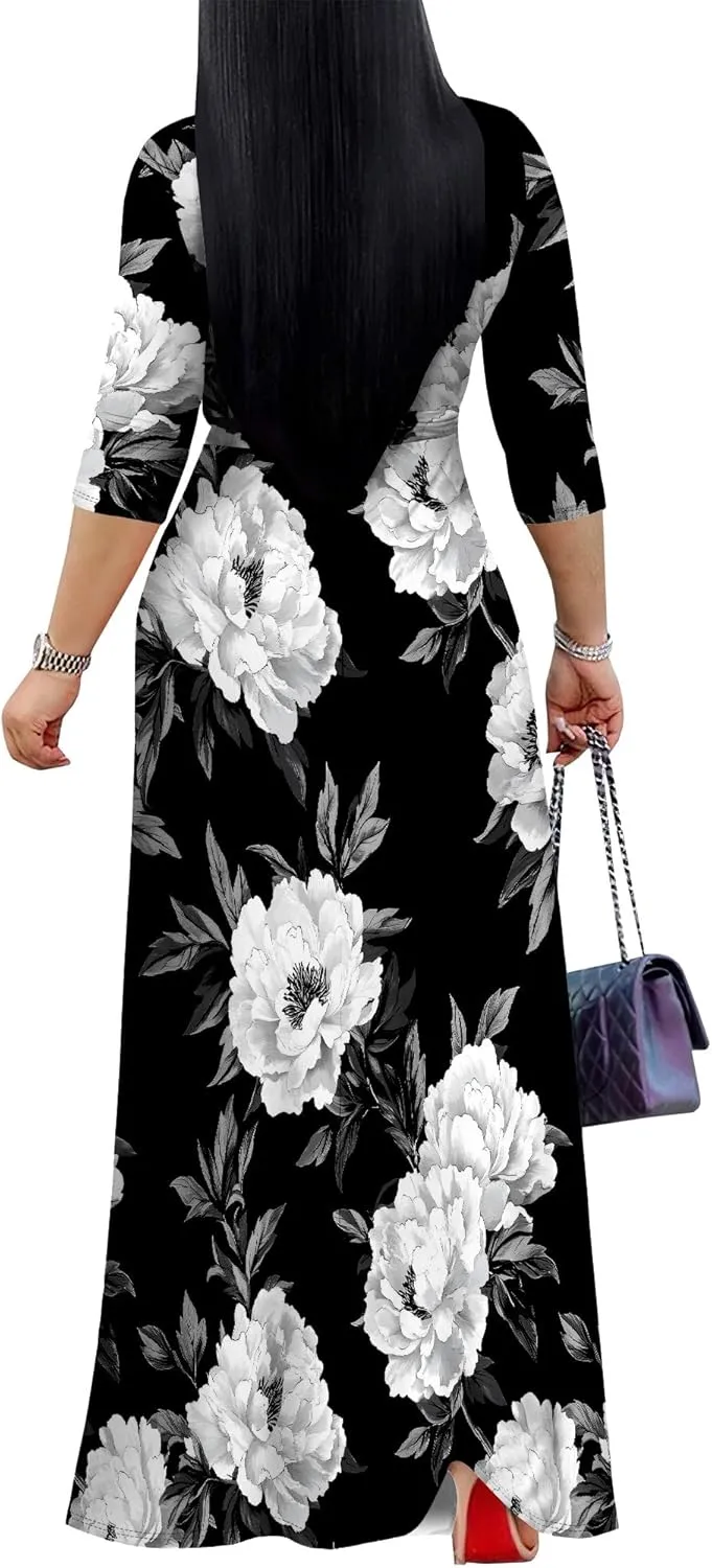Women's Casual Floral Maxi Dresses V Neck 3/4 Sleeve Tie Waist Dress Summer Dresses for Women 2025