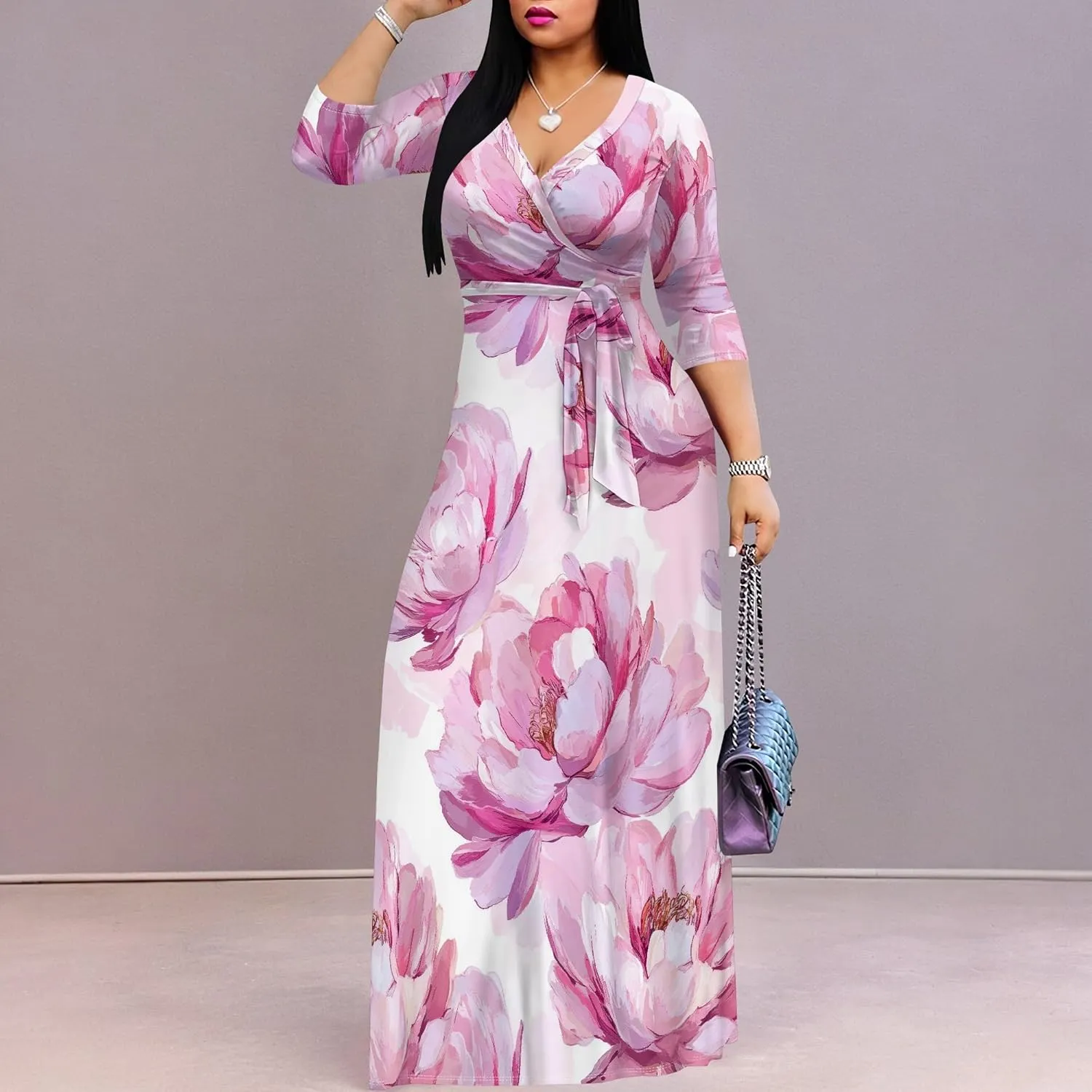 Women's Casual Floral Maxi Dresses V Neck 3/4 Sleeve Tie Waist Dress Summer Dresses for Women 2025