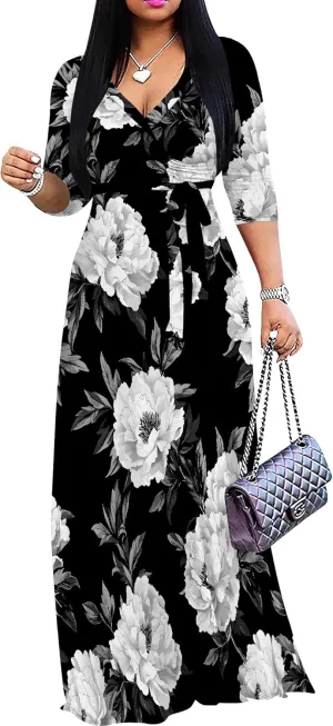 Women's Casual Floral Maxi Dresses V Neck 3/4 Sleeve Tie Waist Dress Summer Dresses for Women 2025