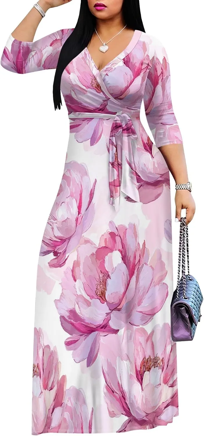 Women's Casual Floral Maxi Dresses V Neck 3/4 Sleeve Tie Waist Dress Summer Dresses for Women 2025