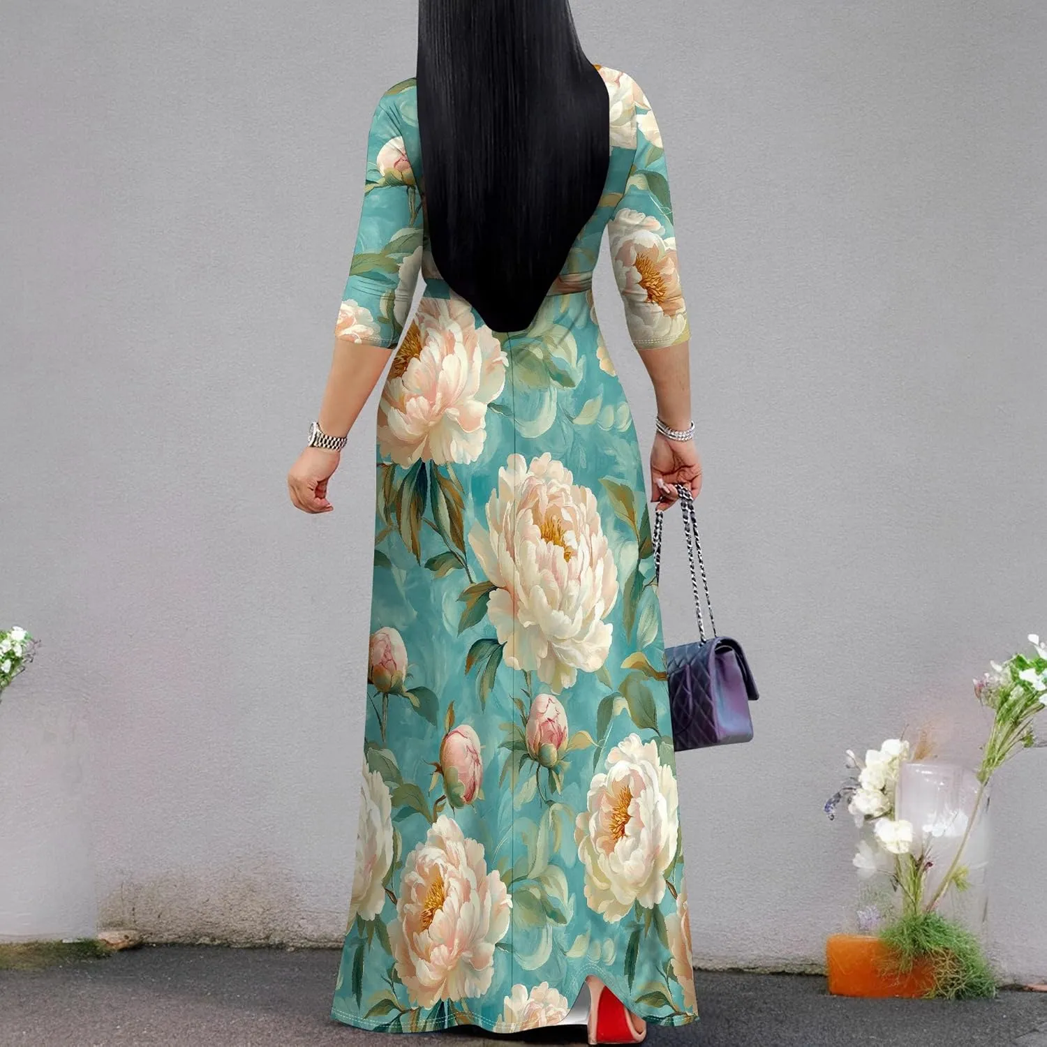 Women's Casual Floral Maxi Dresses V Neck 3/4 Sleeve Tie Waist Dress Summer Dresses for Women 2025
