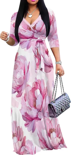 Women's Casual Floral Maxi Dresses V Neck 3/4 Sleeve Tie Waist Dress Summer Dresses for Women 2025