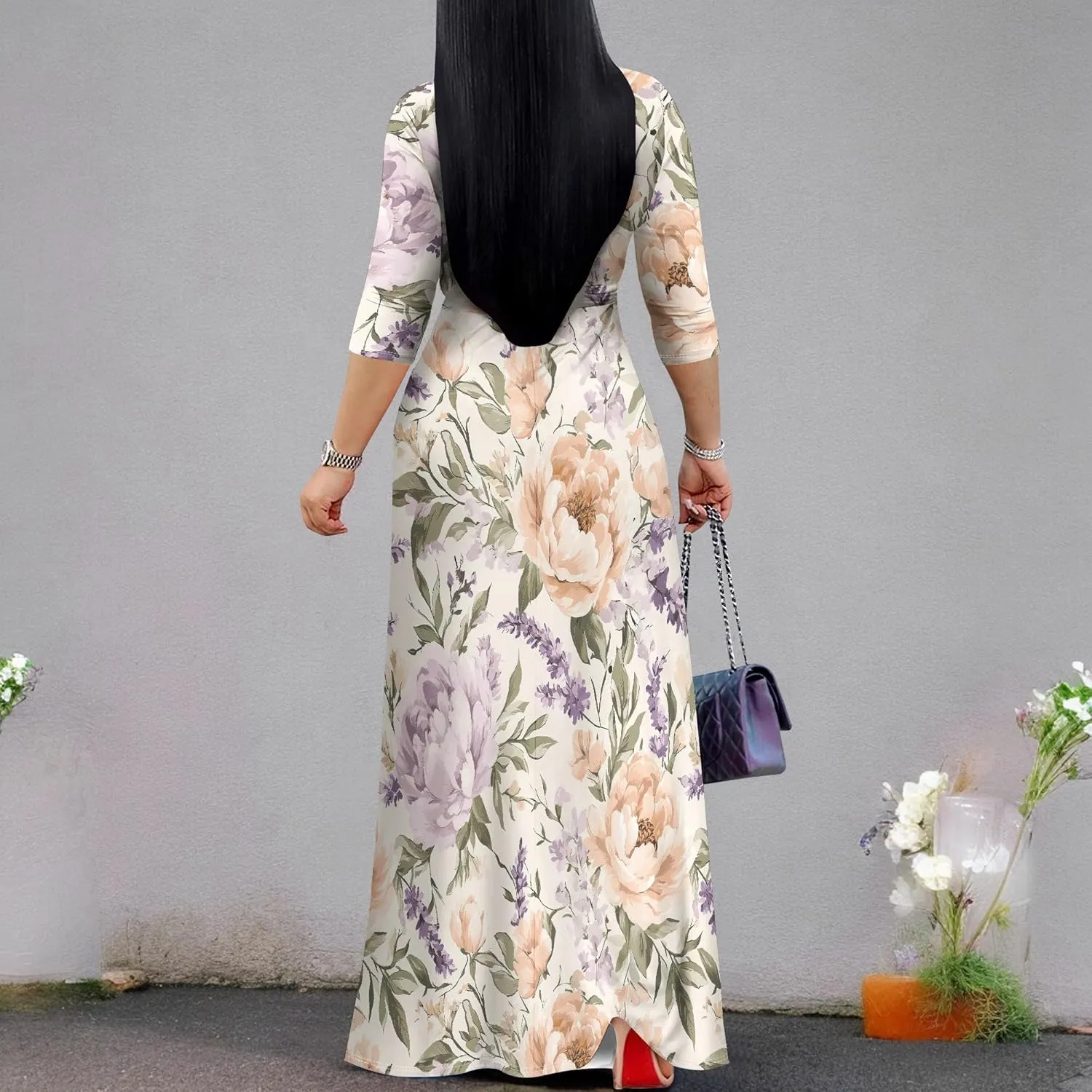 Women's Casual Floral Maxi Dresses V Neck 3/4 Sleeve Tie Waist Dress Summer Dresses for Women 2025