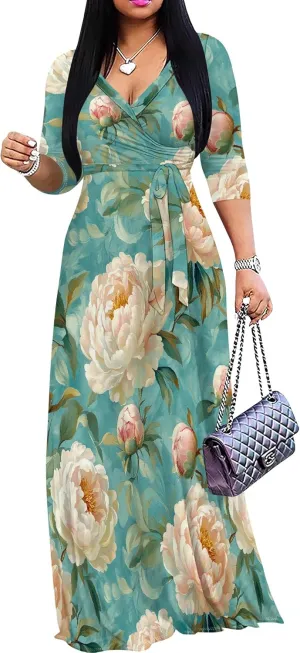 Women's Casual Floral Maxi Dresses V Neck 3/4 Sleeve Tie Waist Dress Summer Dresses for Women 2025