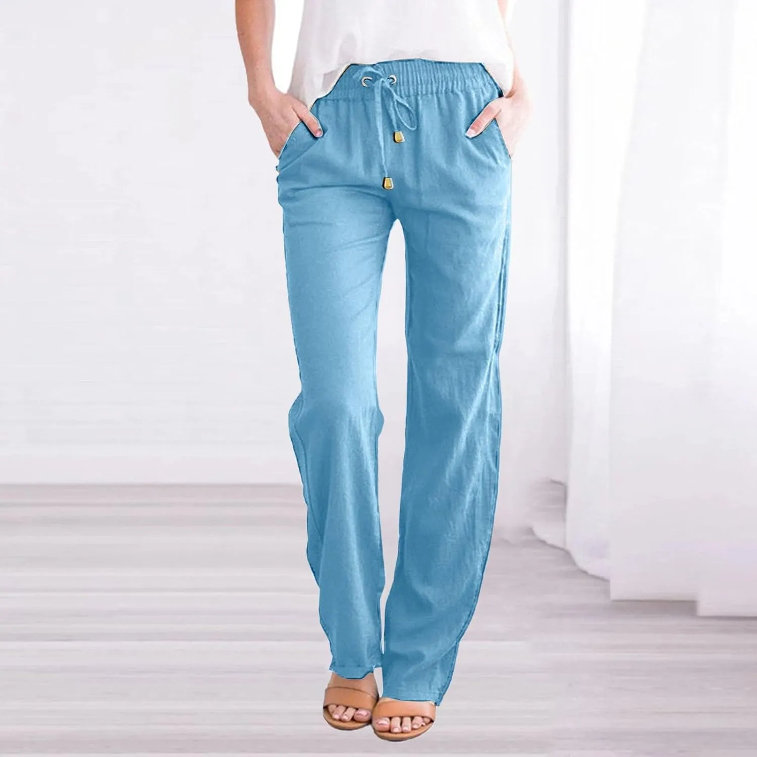 Women's Casual Pants Solid Cotton and Pants with Pocket Long Pants Cargo Pants Woman