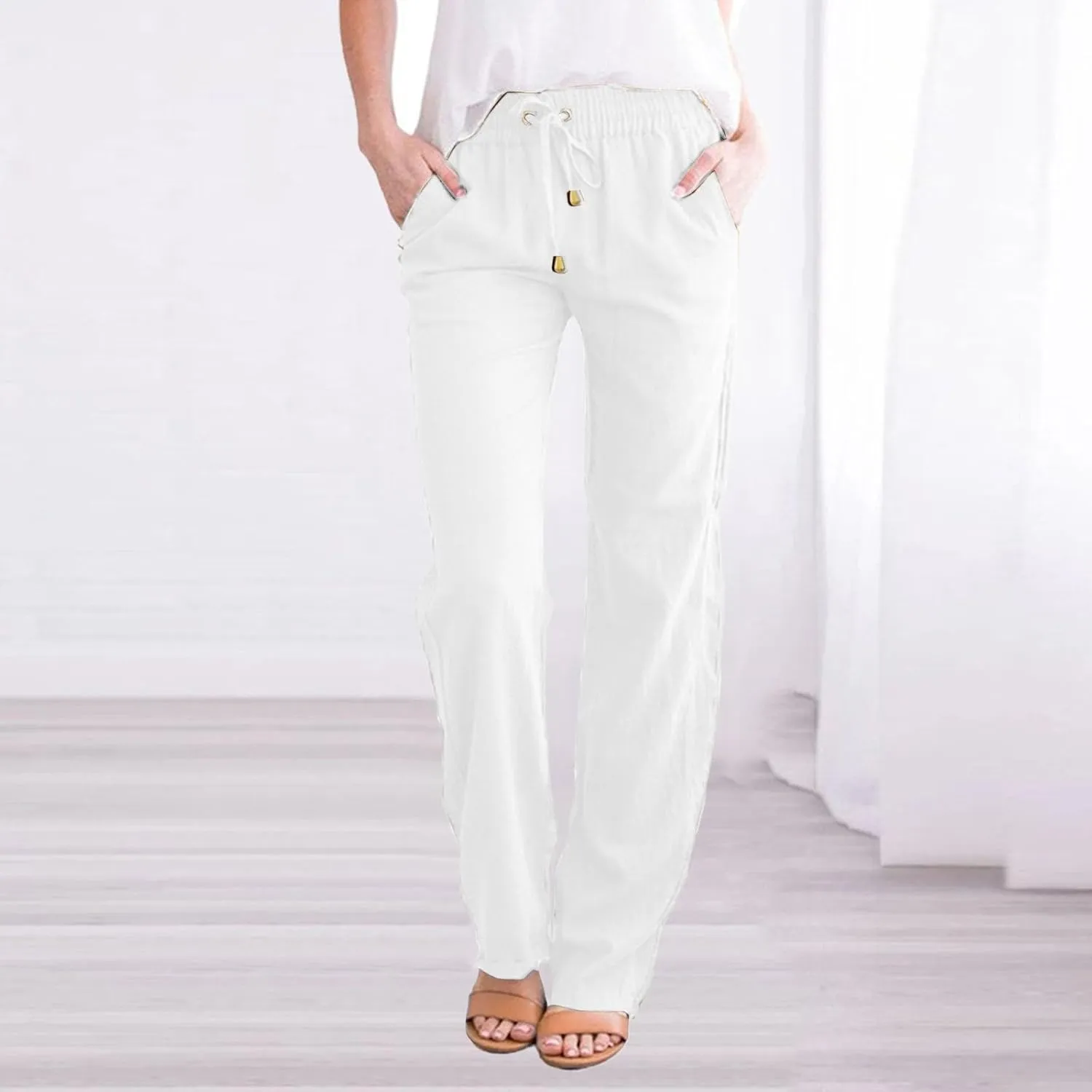 Women's Casual Pants Solid Cotton and Pants with Pocket Long Pants Cargo Pants Woman