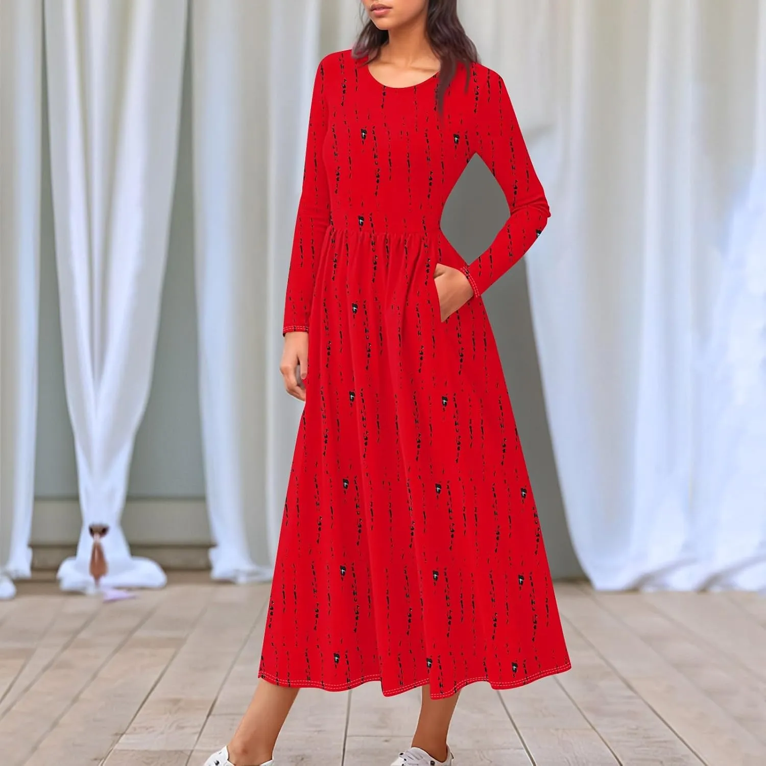 Womens Comfortable Fashion Solid Color Long Dress Crew Neck Long Sleeve Trendy Summer Dresses