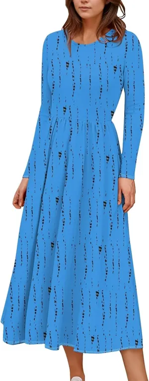 Womens Comfortable Fashion Solid Color Long Dress Crew Neck Long Sleeve Trendy Summer Dresses