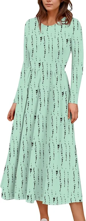 Womens Comfortable Fashion Solid Color Long Dress Crew Neck Long Sleeve Trendy Summer Dresses