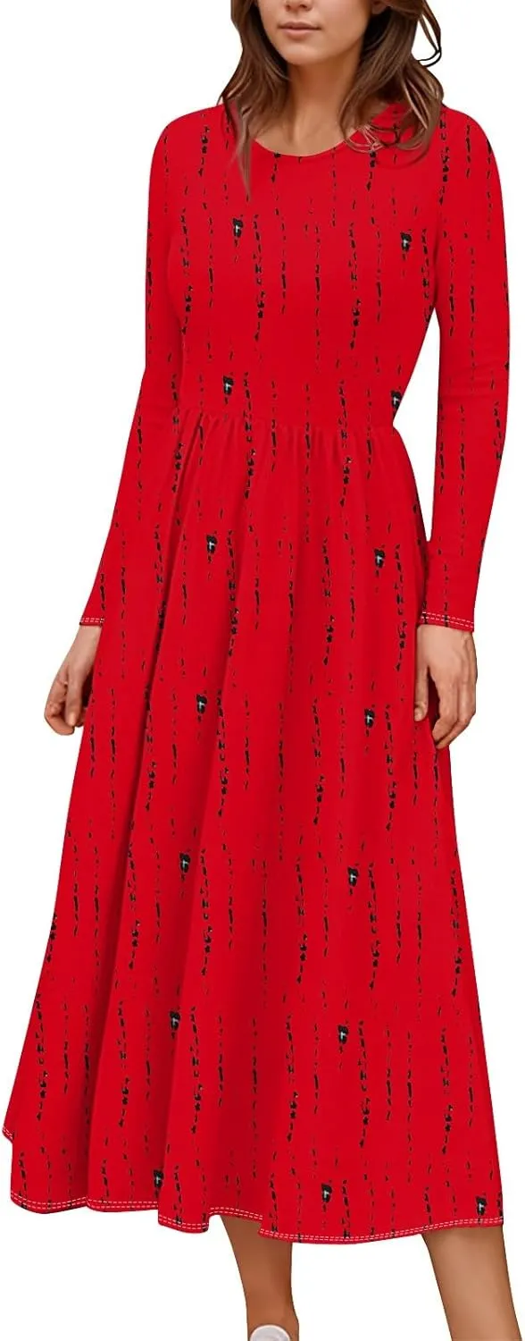 Womens Comfortable Fashion Solid Color Long Dress Crew Neck Long Sleeve Trendy Summer Dresses